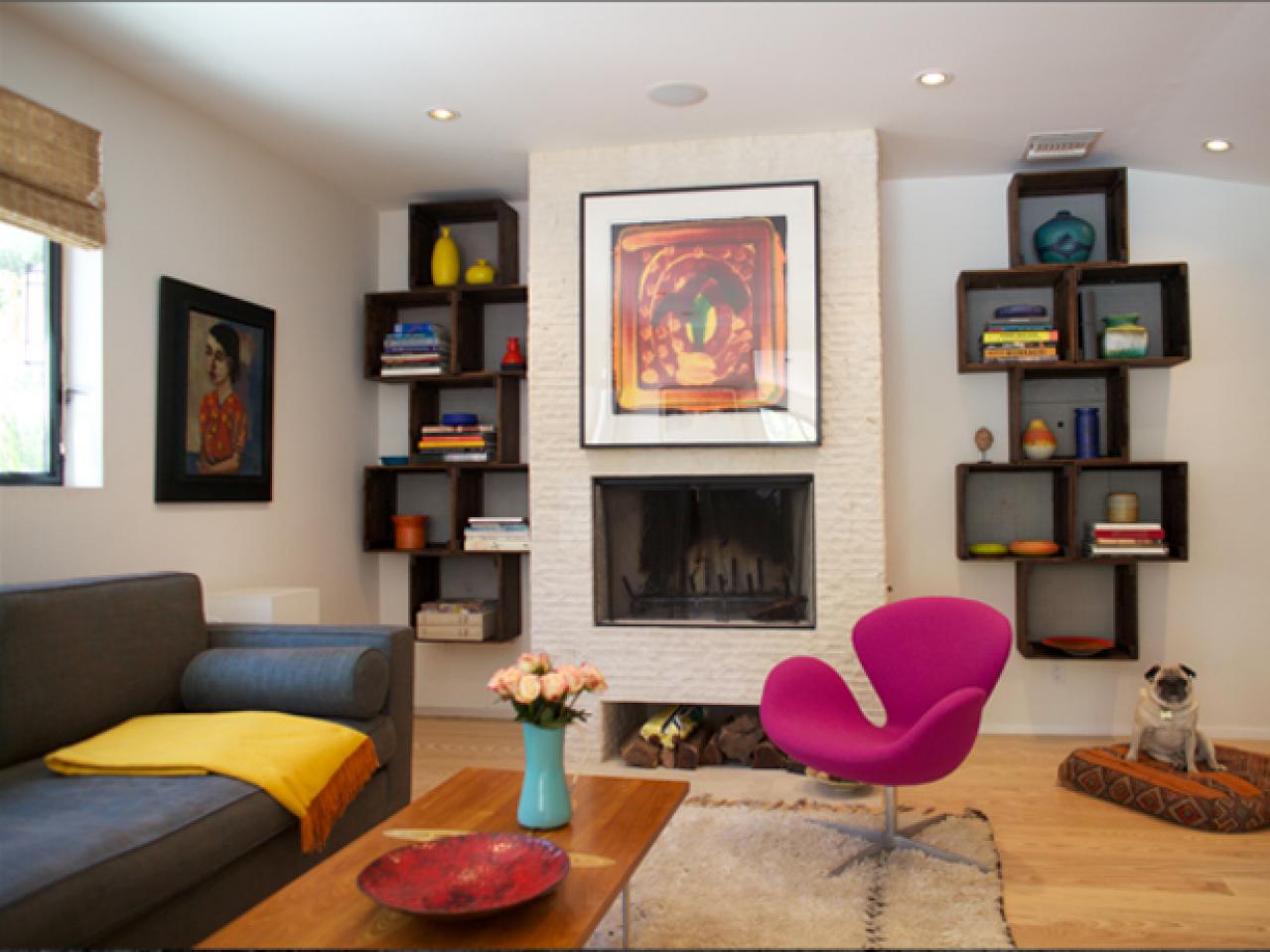 Modern Living Room With Geometric Shelves Hgtv