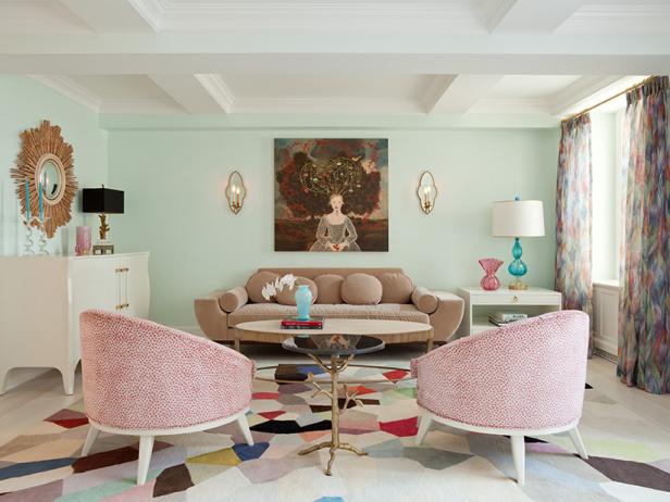 Mint Green Eclectic Living Space With Pink Accents