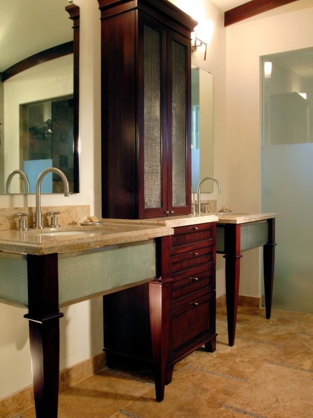 18 Savvy Bathroom Vanity Storage Ideas, Double Vanity With Storage Tower In The Middle