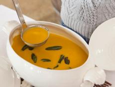 Curried Butternut Squash Soup in Serving Bowl With Ladle 