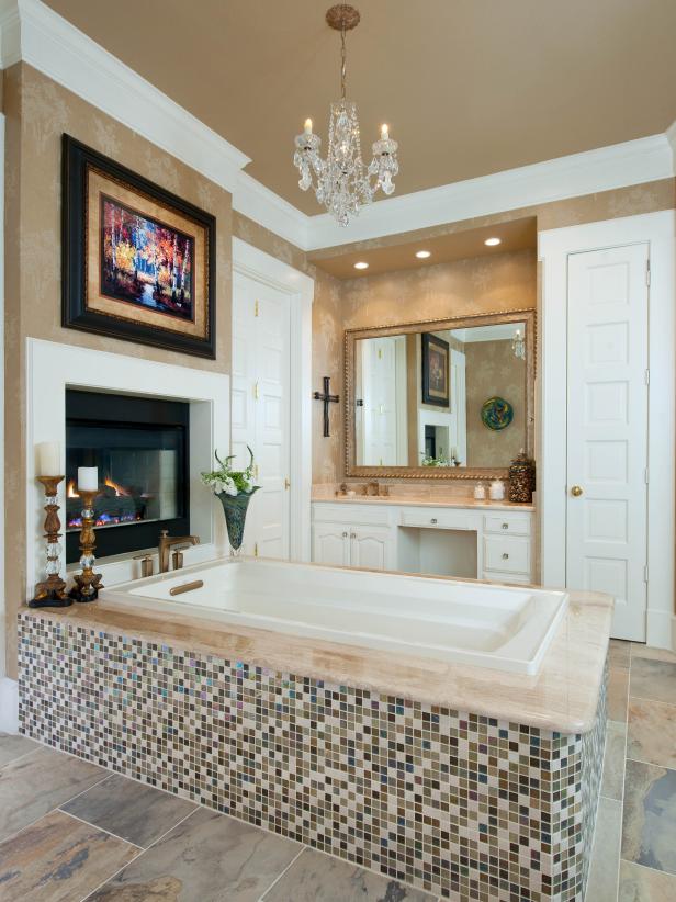 Brown Transitional Master Bathroom With Tiled Bathtub 