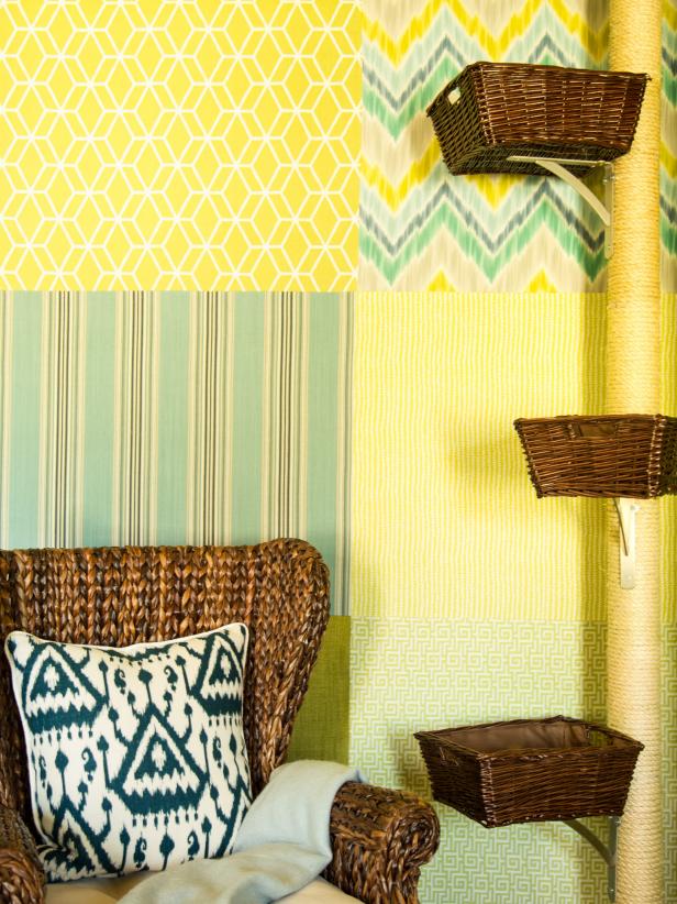 Yellow Corner With Woven Chair & Cat Climbing Post With Baskets