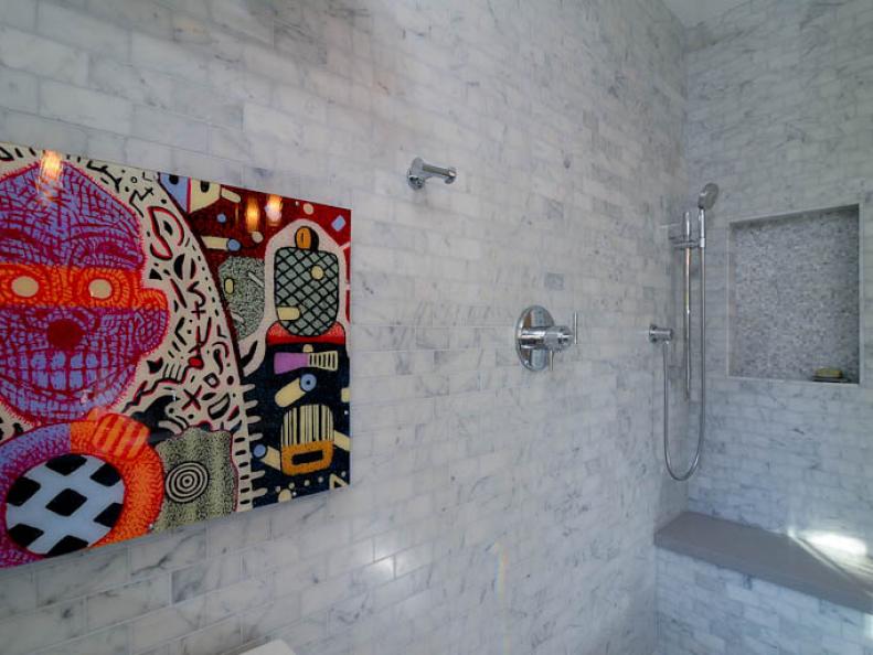 White and Gray Marble Bathroom With Colorful Art