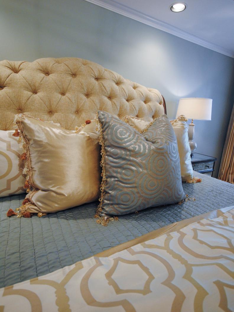 Transitional Master Bedroom with Upholstered Sleigh Bed