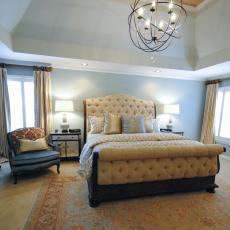 Blue Transitional Bedroom With Gyroscope Chandelier