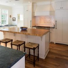 White Transitional Eat-In Kitchen With Butcher Block Island