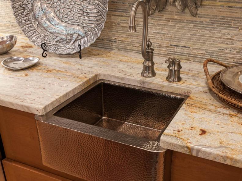 Rustic Wet Bar with Copper Farmhouse Sink