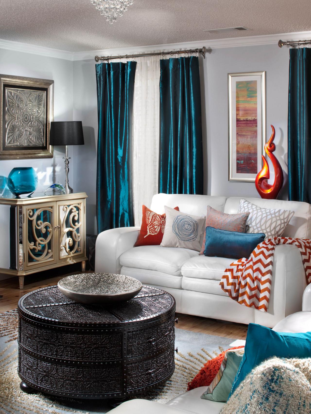 orange teal and grey living room