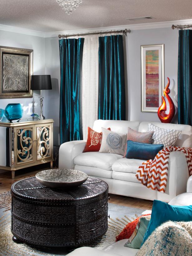 Grey living room on sale with teal accents