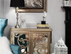 Mirrored Side Table With Metallic Lamp