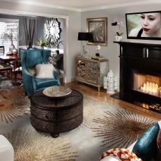 Glam, Eclectic Living Room With Traditional Fireplace