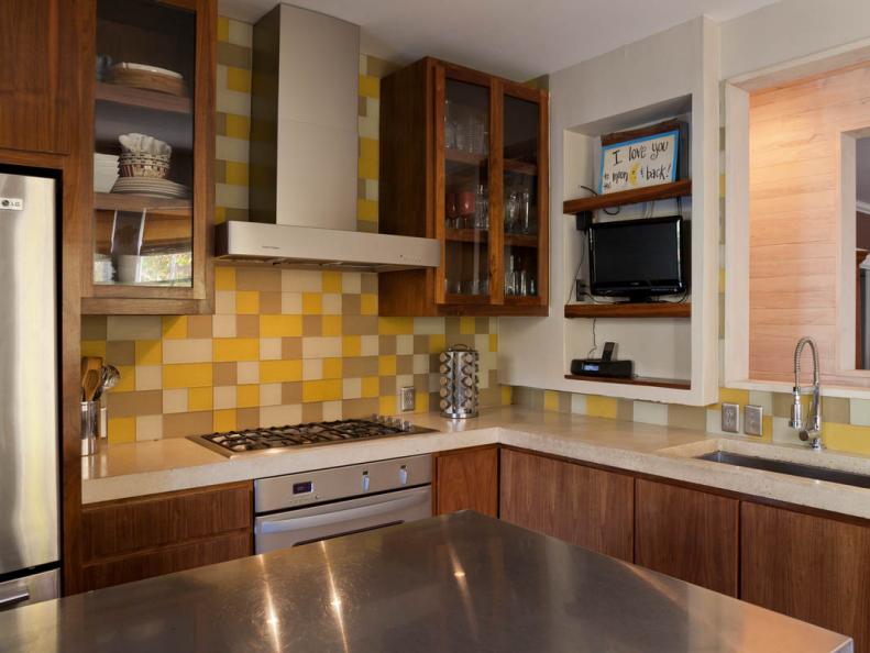Contemporary Kitchen With Yellow and Beige Backsplash 