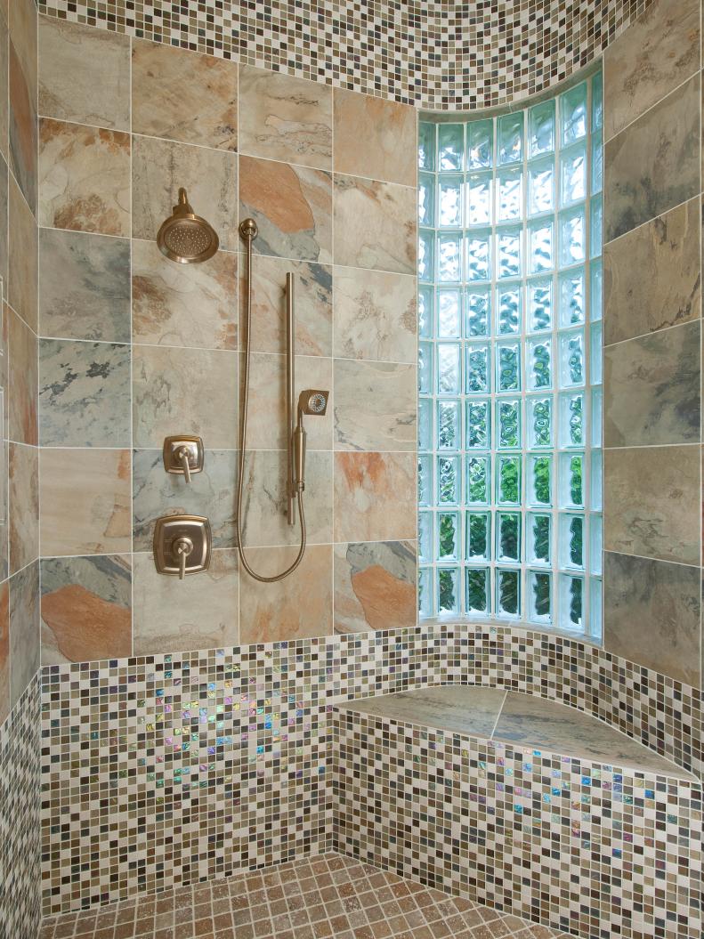 Mosaic Tile Shower With Corner Seat and Glass Block Window