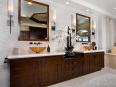 White Bathroom With Asian Wood Double Vanity & White Tile Walls
