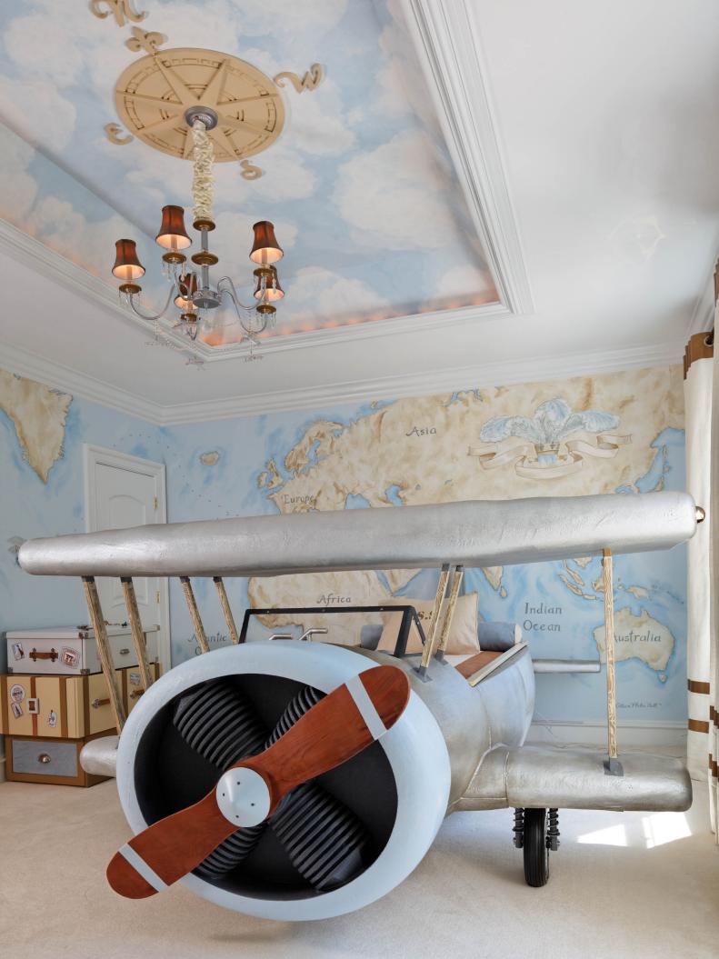 Eclectic Kids Room With Airplane Bed 