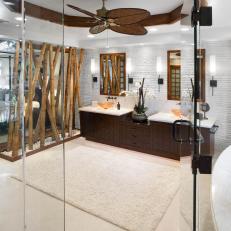 Master Bathroom Vanity With Vessel Sinks and Bamboo Decor