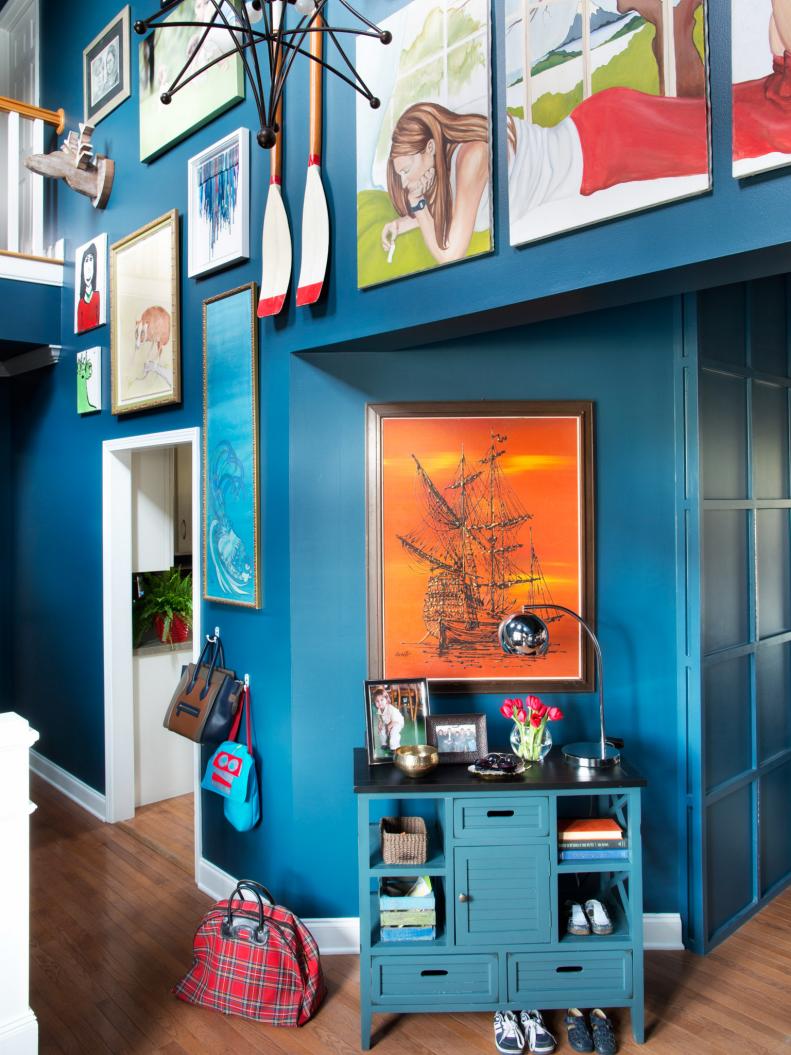 Teal Blue Eclectic Entryway With Art Gallery Inspired Interior