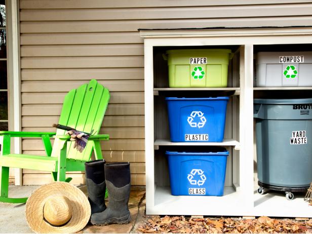 Outdoor Recycling Center and Lime Green Adirondack Chair