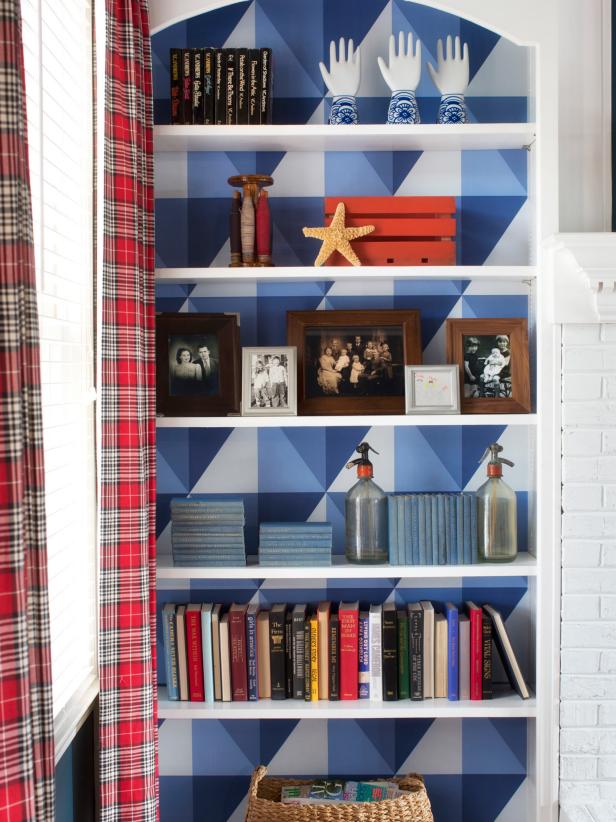 Add Graphic Pop To A Bookcase With, Bookcase Back Panel Ideas