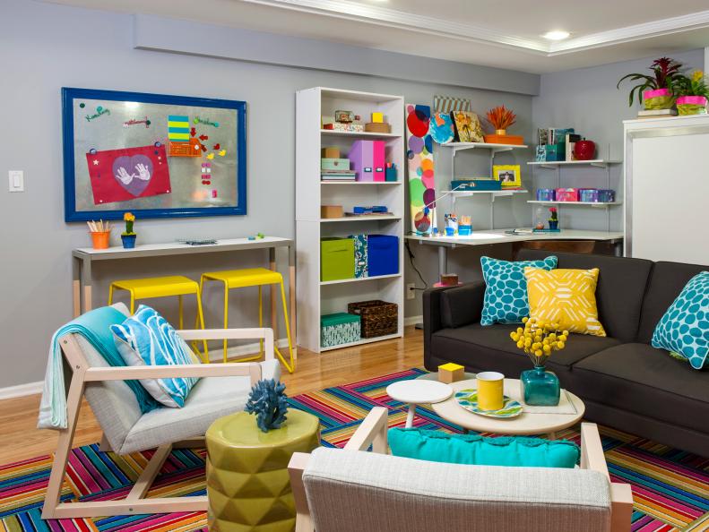 Basement With Colorful Furniture and Craft Area