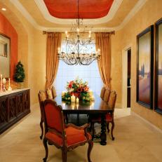 Orange and Ochre Dining Room with Tray Ceiling