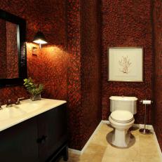 Modern Red Bathroom With Bold-Patterned Wallpaper