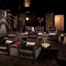 Contemporary Gray Home Theater With Fabric Wall Panels