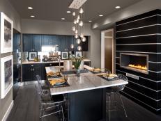 Classy Gray Kitchen With Black and White Fireplace