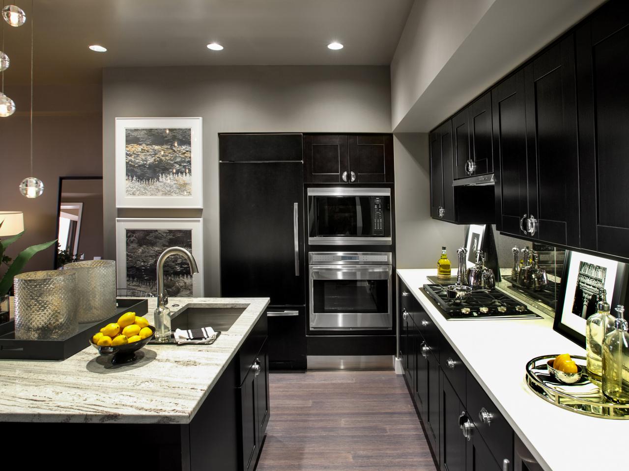 galley kitchen white cabinet gray walls black sink