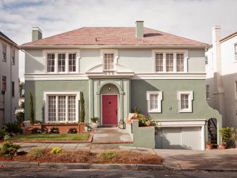 Mint Green Home Exterior With Red Front Door and Pediment Detail