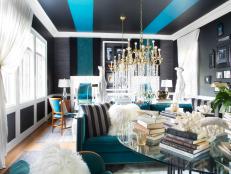 Living Room with Teal and Black Ceiling and Teal Sofa
