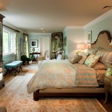 Classic Blue Master Bedroom With Mirrored Armoire 