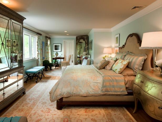 Traditional Blue Bedroom With Mirrored Armoire 