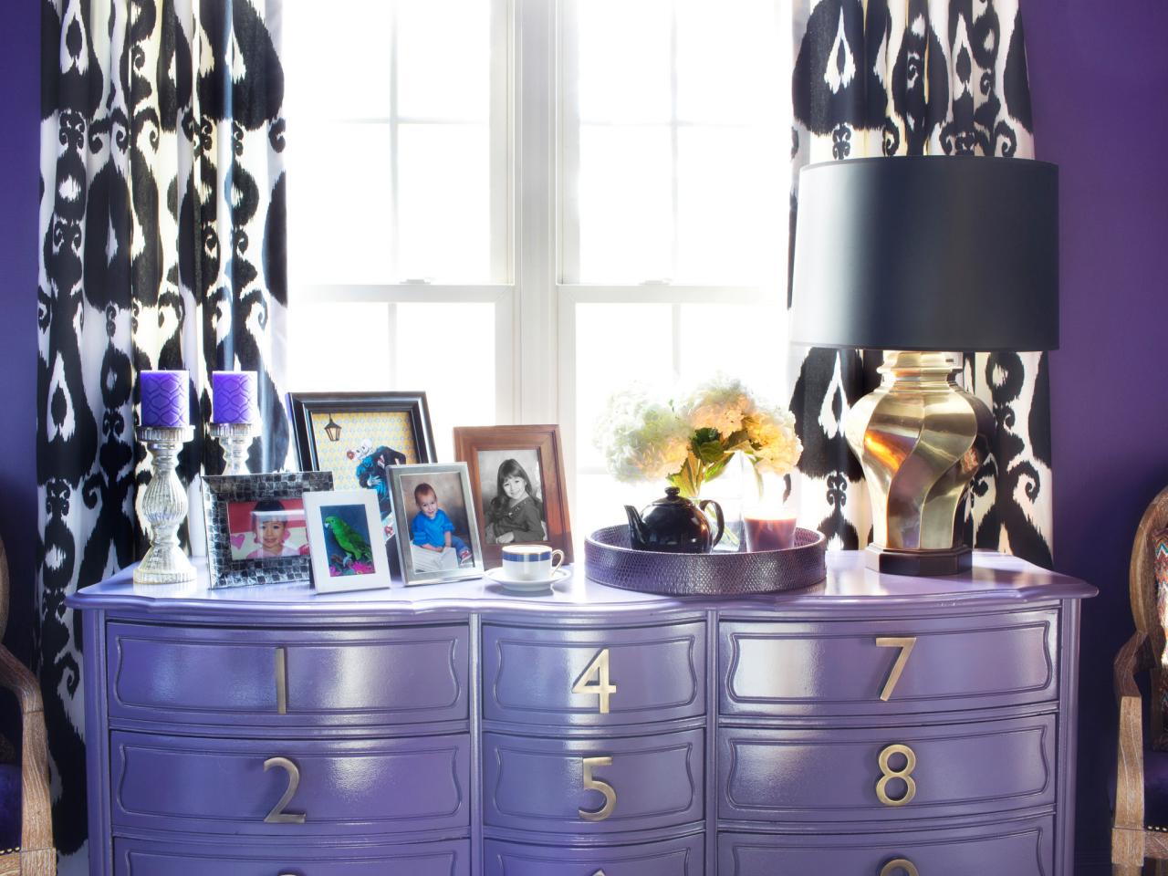 Girls Bedroom With Purple Dresser And Black And White