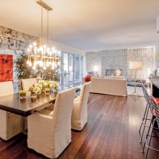 White Contemporary Dining Room With Coral Accents