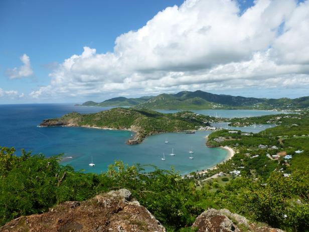 Aerial view of the Caribbean coastline from the isle of Antigua. 