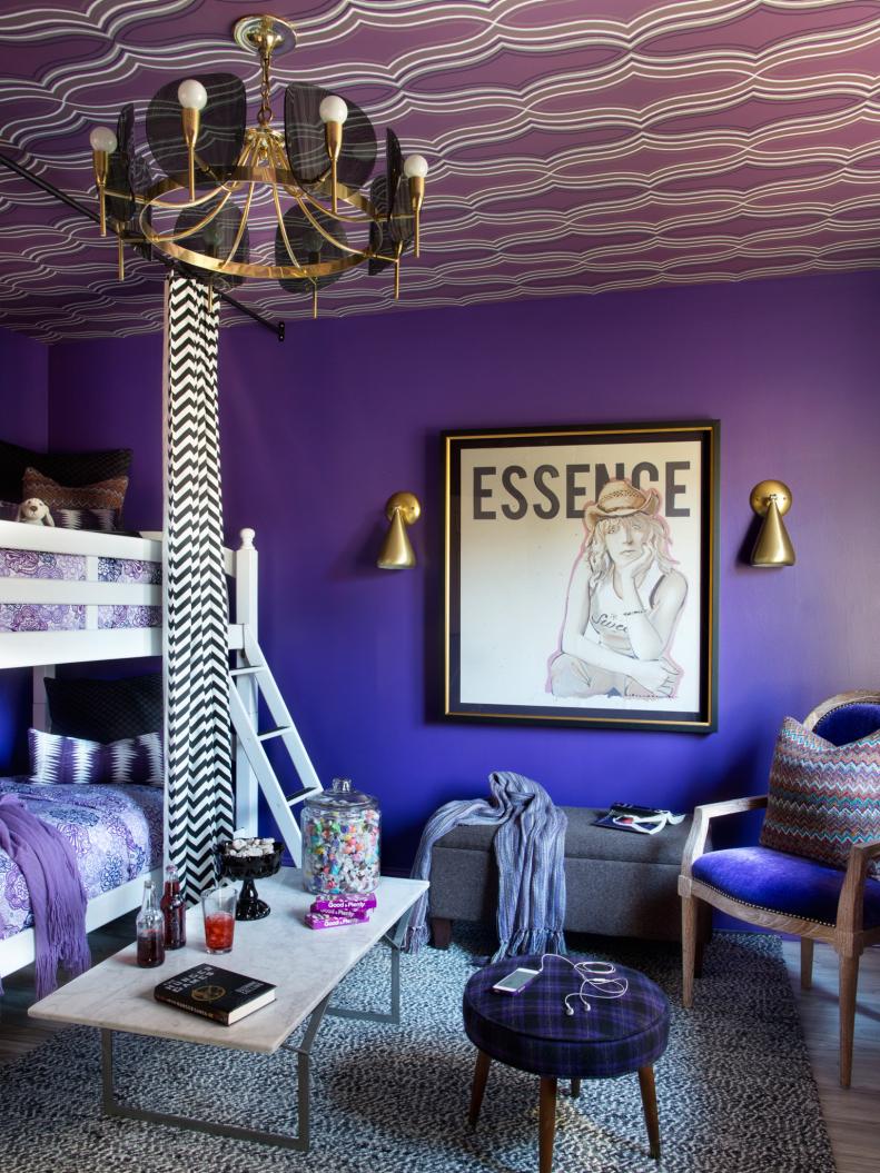 Purple Bedroom With Framed Art, White Bunk Bed and Vintage Lighting