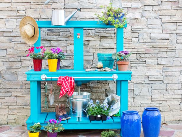 Turquoise Potting Bench and Flagstone Wall