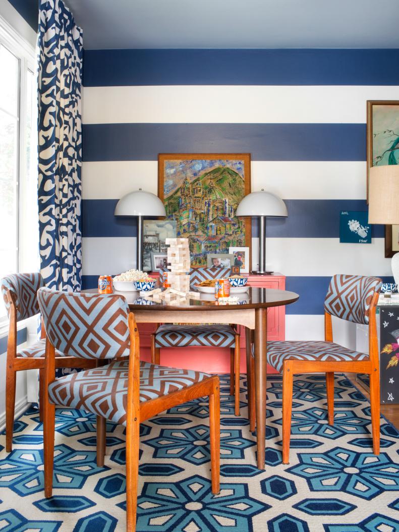 Contemporary Game Room With Blue And White Stripes