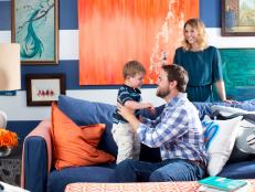 Colorful Artwork In Kid And Pet Friendly Living Room