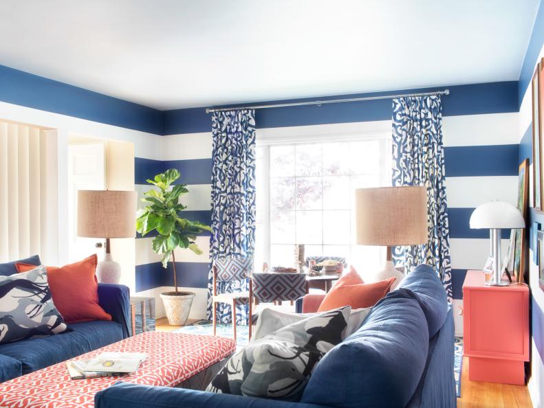 Bold Blue And White Contemporary Living Room With Colorful Accents
