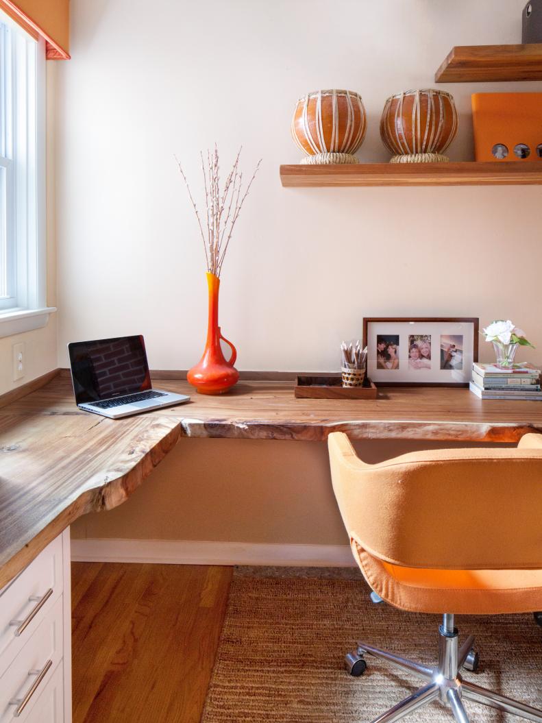 White Office with Wood Corner Desk, Wood Shelves and Orange Chair
