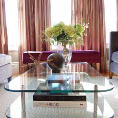 Glass Coffee Table With Pink Curtain