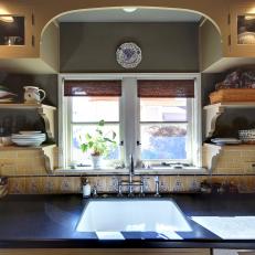 Gray Mediterranean Kitchen With Open Shelving