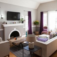 Gray Living Room With Purple Curtains