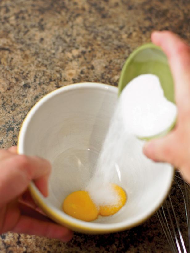 Whisk together egg yolks and two tablespoon of sugar. Add flour and whisk until smooth.