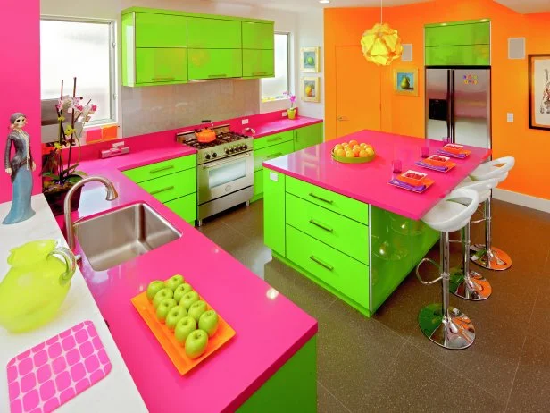 Eclectic Neon Colored Kitchen with Diner Style Stools 
