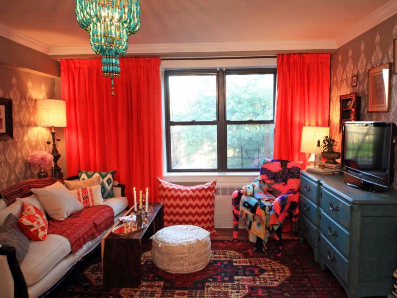 Eclectic Living Space With Red and Blue Accents