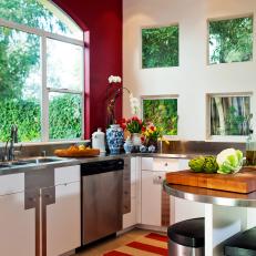 Red Modern Kitchen with Stainless Steel Countertops