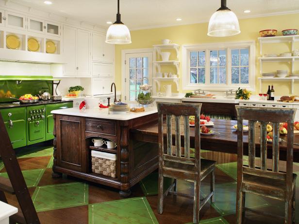 Yellow kitchen with green Chambers stove